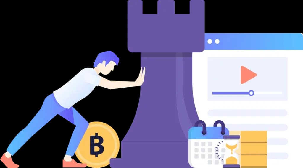 Illustration of a person pushing a chess rook with a Bitcoin coin beside digital content and calendar representing crypto marketing strategy and content planning