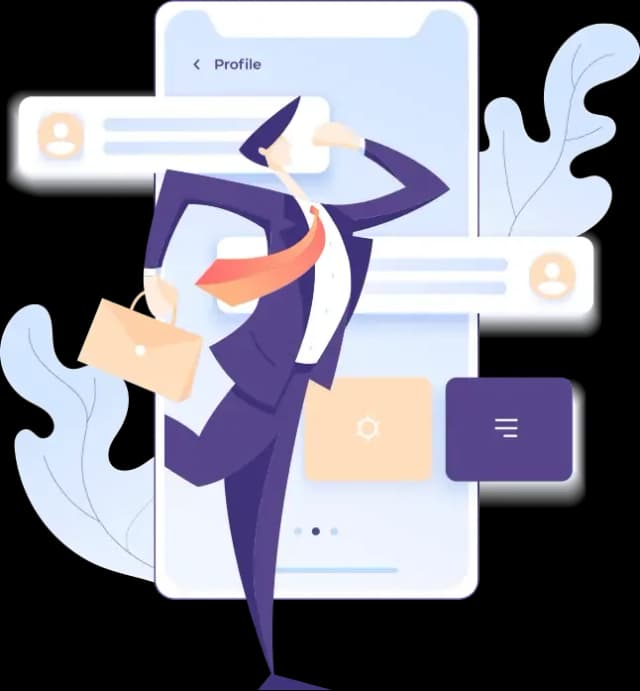 Businessman running with briefcase in front of mobile app screen showing user profile and interface elements