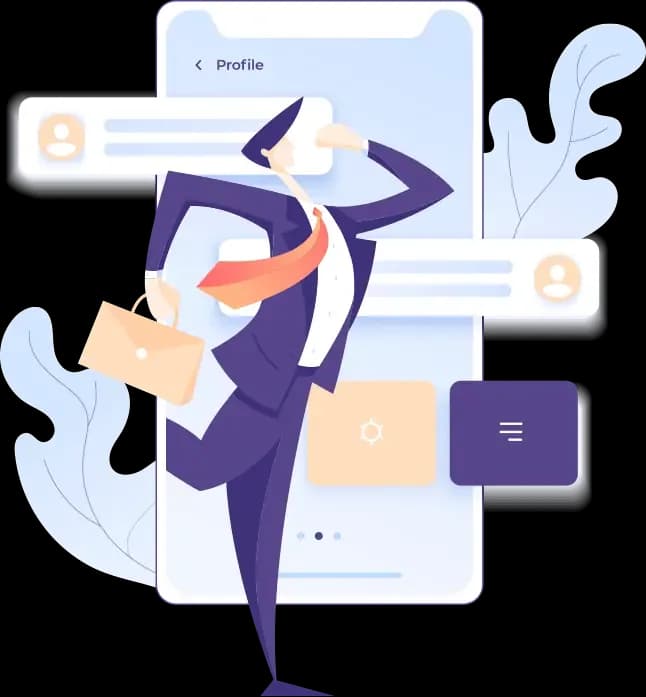 Businessman running with briefcase in front of mobile app screen showing user profile and interface elements