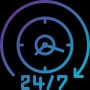 Clock icon with 24/7 text showing continuous service and all-day customer support