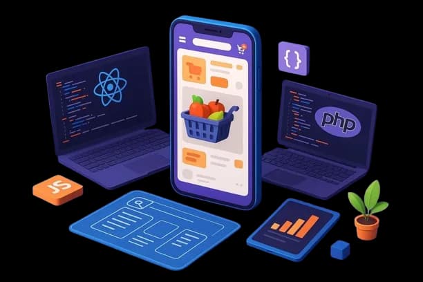 Mobile ecommerce app with shopping basket, surrounded by coding screens, analytics dashboard, and development tools