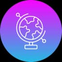Globe icon with circular orbit lines representing global connectivity and international reach