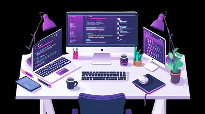 Illustration of a web development workspace with desktop, laptop, tablet, and screens showing code