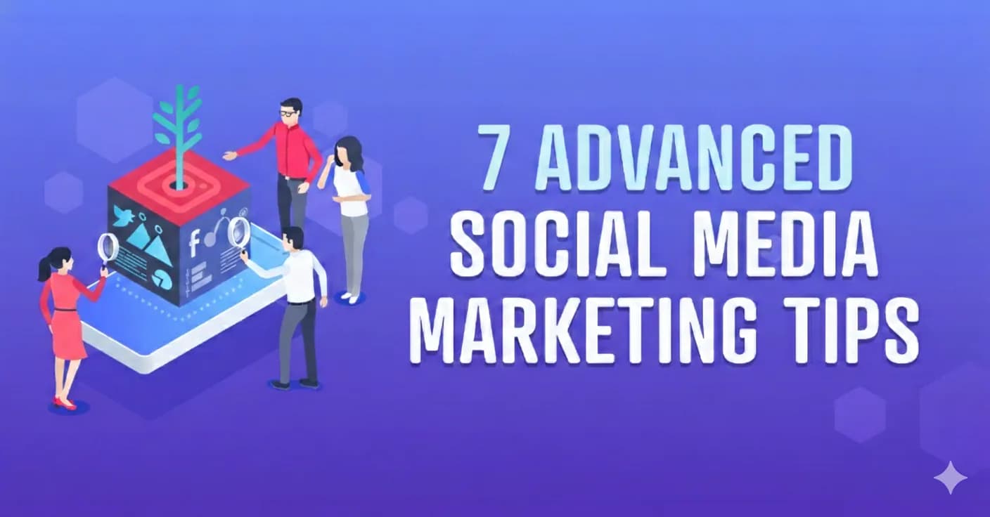 Illustration showing a team analyzing social media data and strategy with the text “7 Advanced Social Media Marketing Tips.”