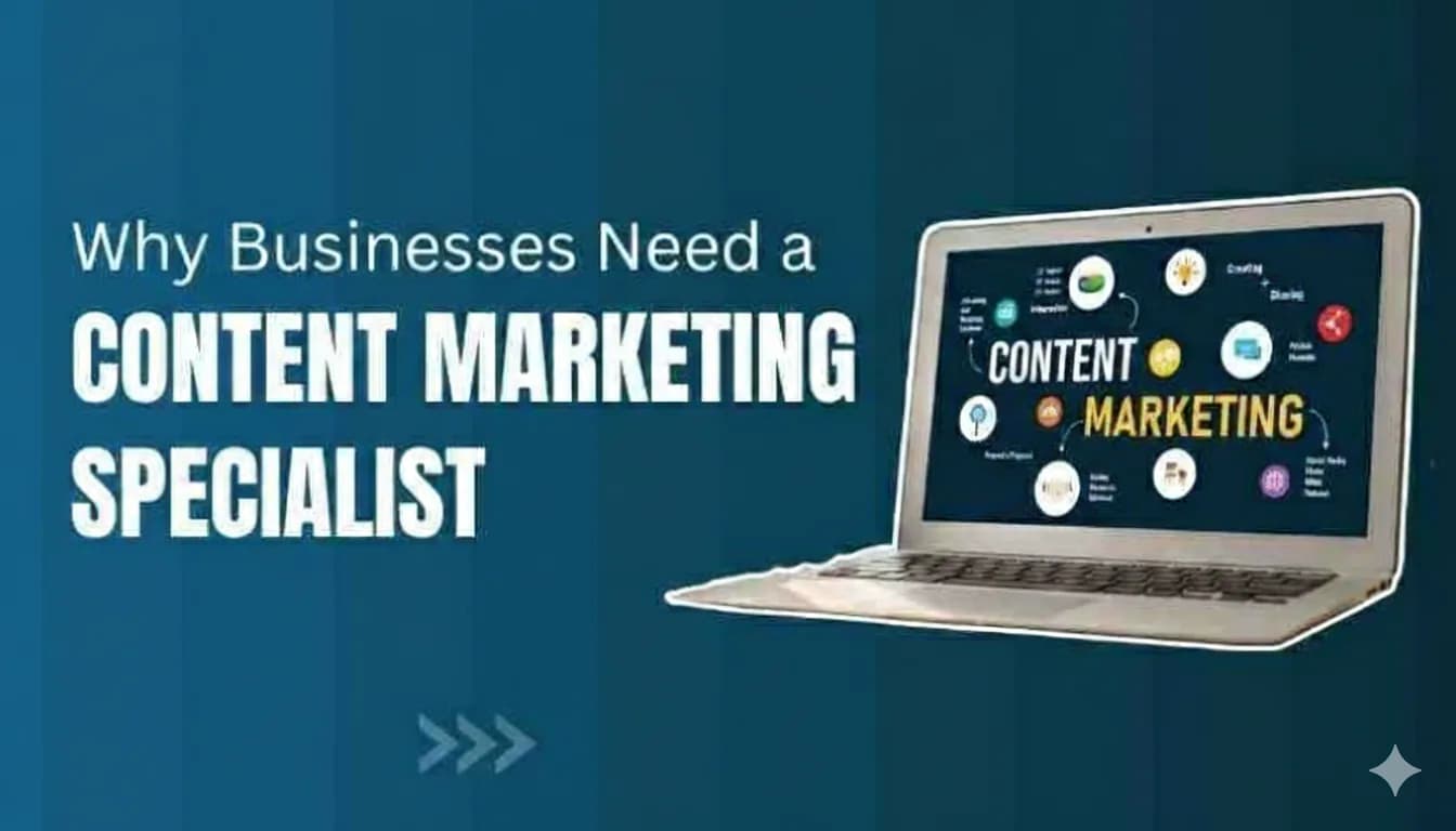 Laptop screen showing content marketing strategy icons and digital marketing planning with text about why businesses need a content marketing specialist