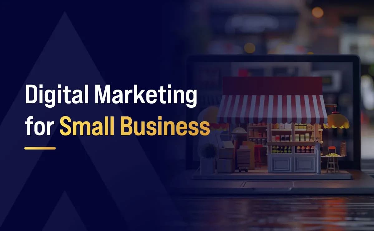 Illustration of digital marketing for small business showing an online shop on a laptop representing website promotion and customer reach through digital channels