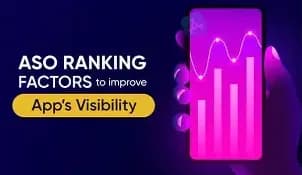 Smartphone showing analytics chart with text about ASO ranking factors to improve app visibility in app stores.