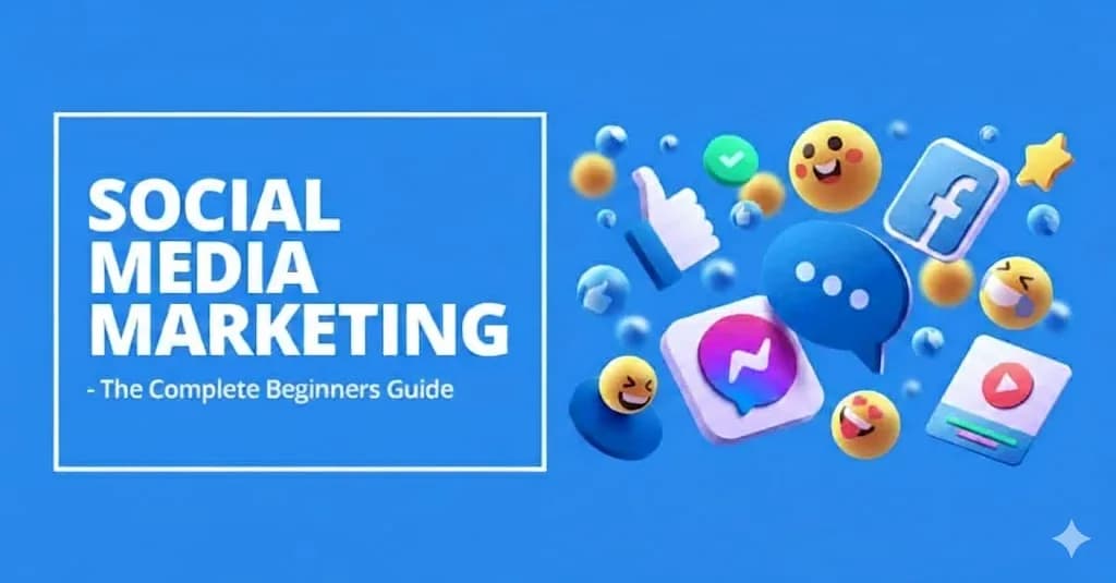 Illustration showing social media marketing icons like Facebook, Messenger, chat bubbles, reactions, and video content representing beginner social media marketing strategies