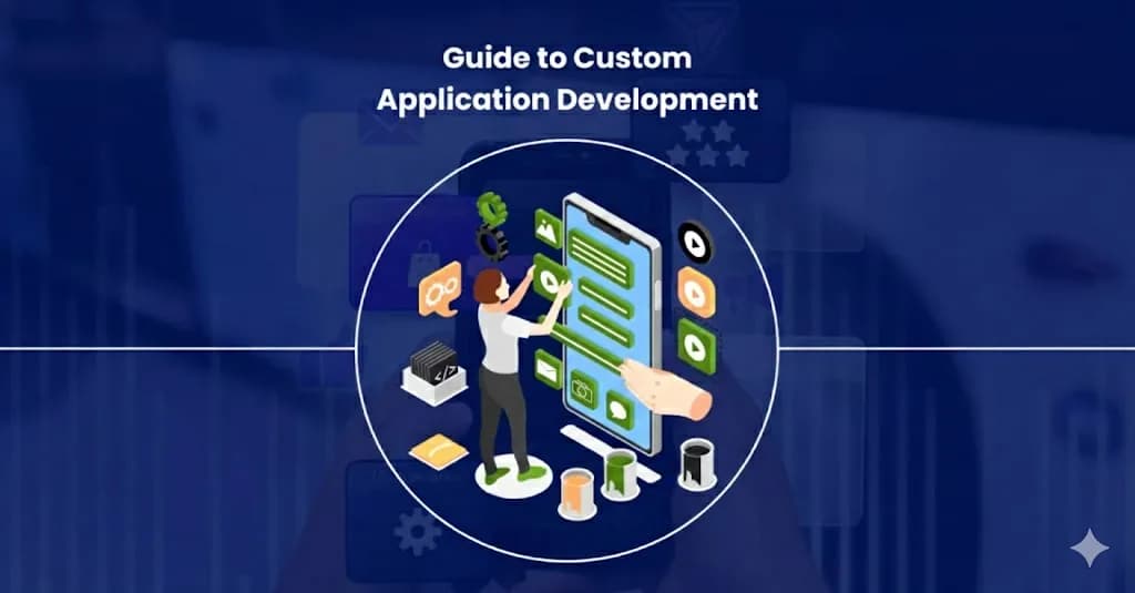 Illustration of custom application development showing developer working on mobile app interface with coding elements and software tools
