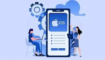 Illustration of developers working on an iOS mobile app with an iPhone interface and settings icons
