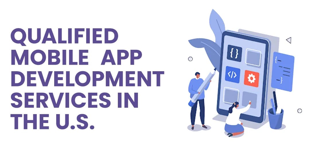Illustration of developers building a mobile application interface representing mobile app development services in the United States