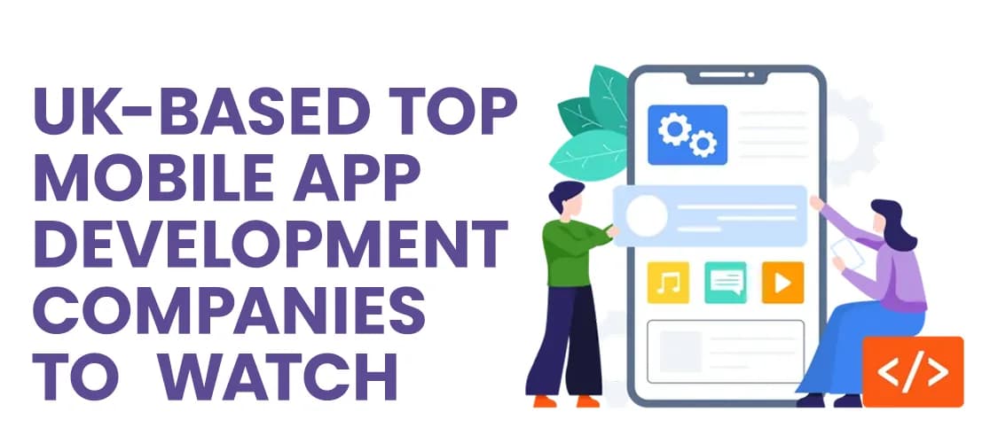 Illustration of developers working on a smartphone interface representing leading mobile app development companies in the UK