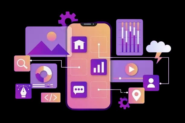 Smartphone illustration showing mobile app interface with analytics, chat, media, and user icons