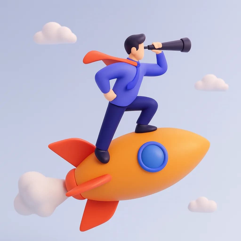 3D illustration of a business leader standing on a rocket and looking through a telescope toward future goals