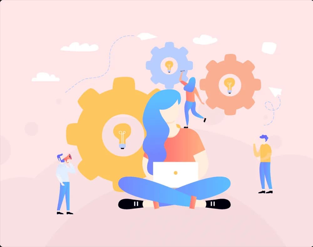 Illustration of people working on creative ideas with gears and light bulbs representing teamwork and innovation