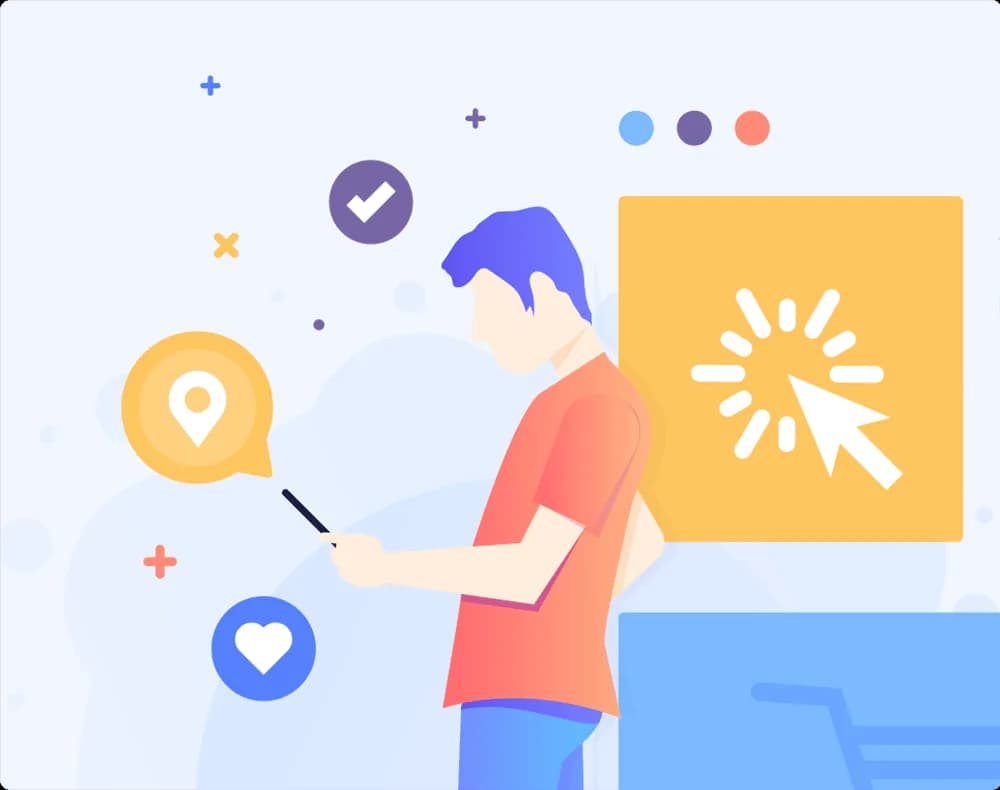 Illustration of a person using a smartphone with social icons, location pin, and click interaction symbol