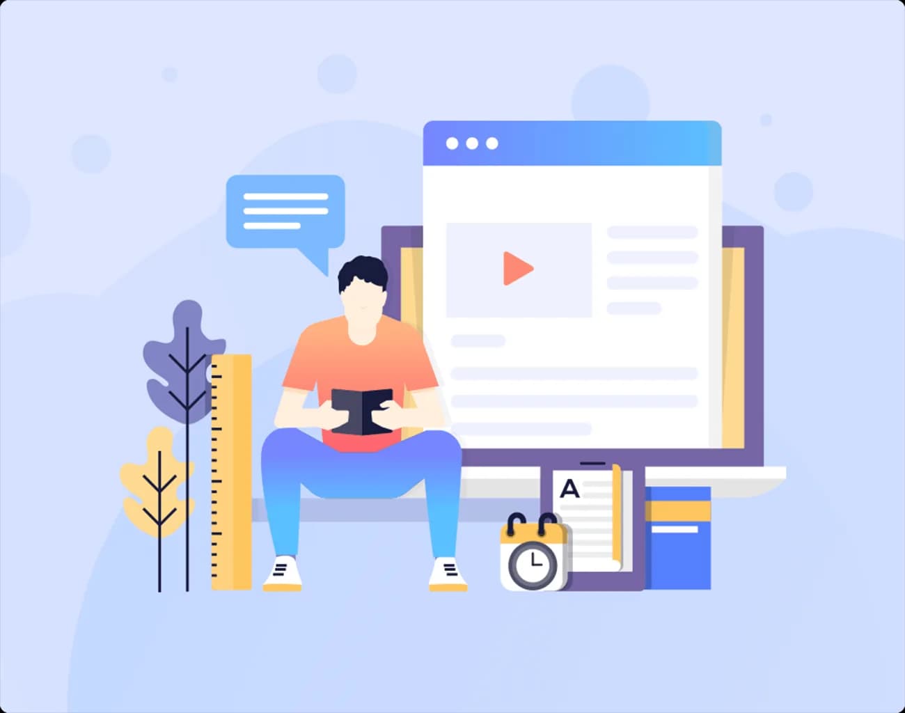 Illustration of a student using a tablet in front of an online video learning platform with notes and calendar