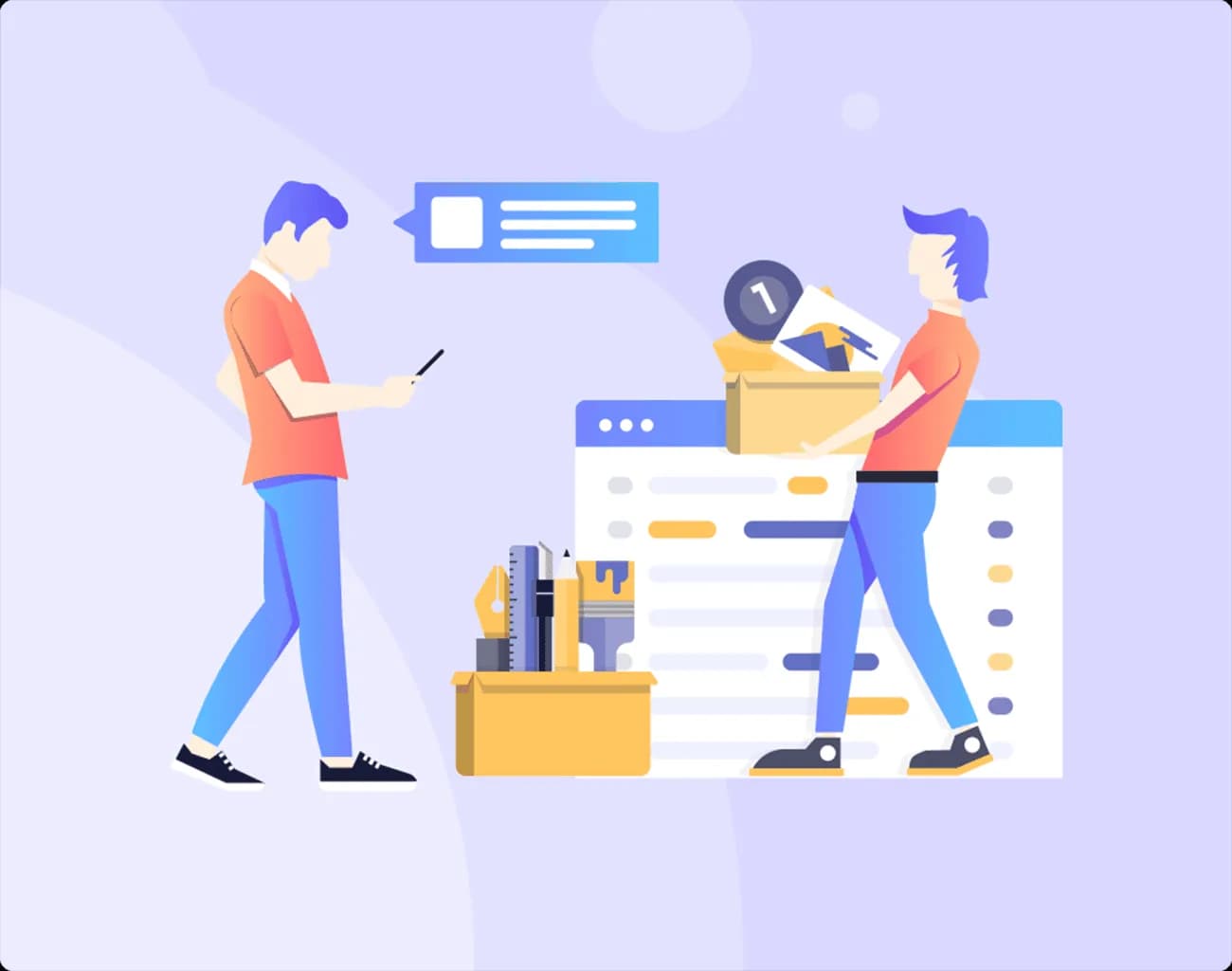 Illustration of people managing online orders with packages, tools, and a website dashboard