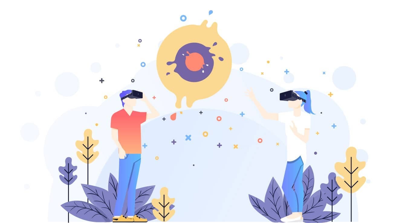 Illustration of two people using virtual reality headsets interacting in a digital environment