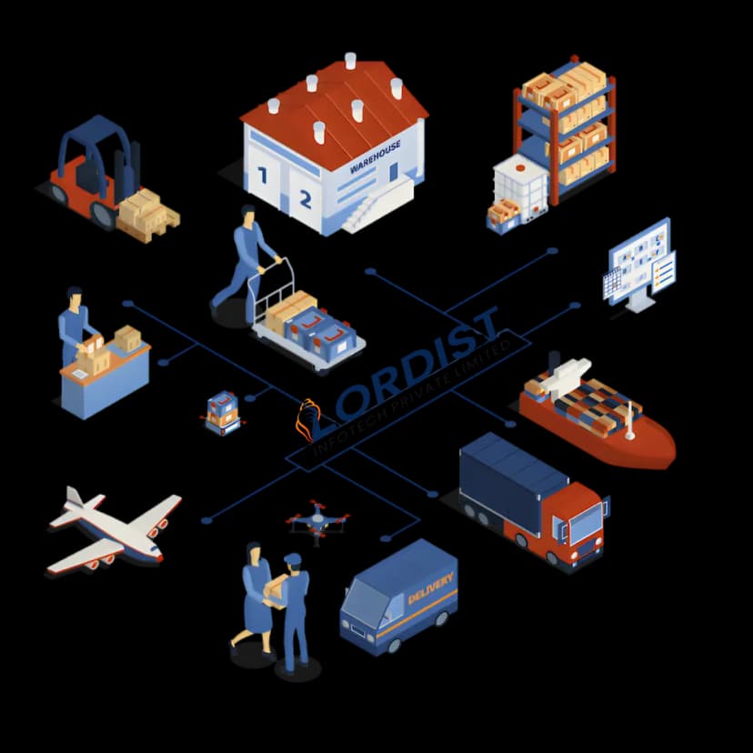 Illustration of warehouse logistics operations with trucks, cargo ship, airplane, delivery van, and inventory storage