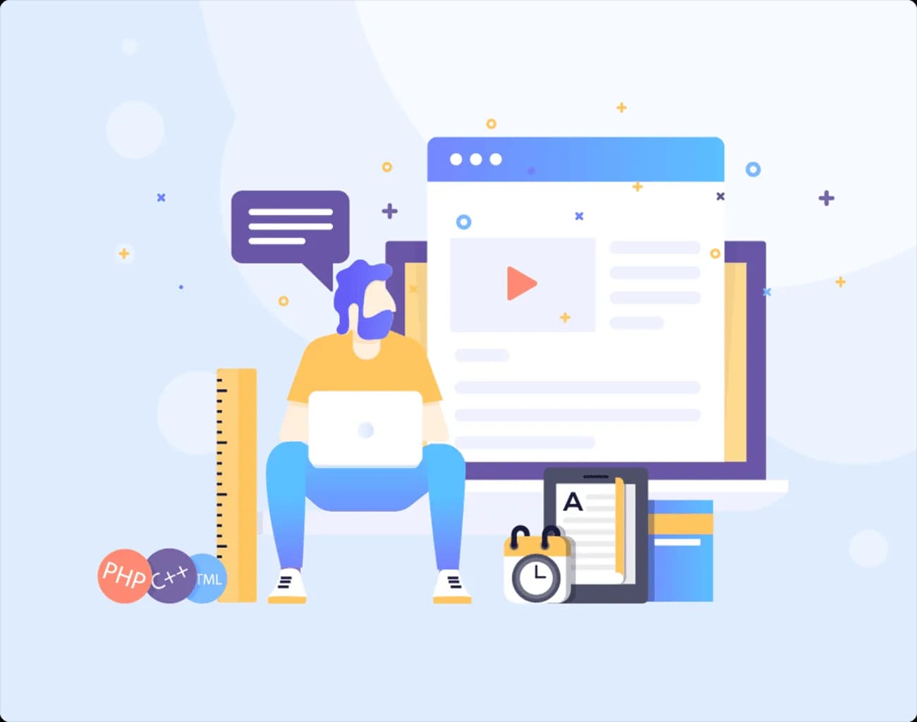 Illustration of a web developer using a laptop with website interface, video player, and programming icons