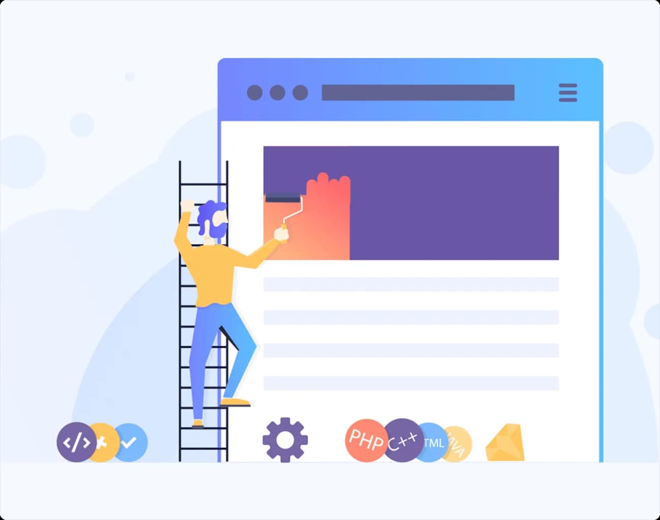 Illustration of a developer updating a website page with coding icons like PHP, HTML, and programming tools