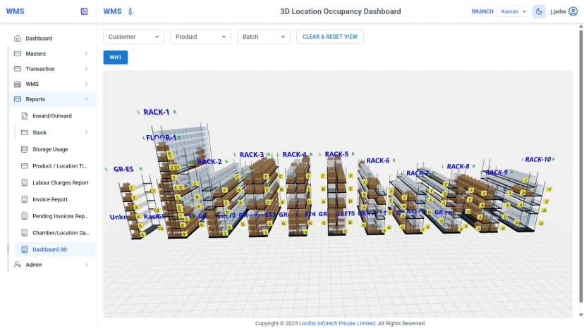 Warehouse management system 3D dashboard showing rack locations, pallet positions, storage usage and occupancy status across multiple warehouse chambers
