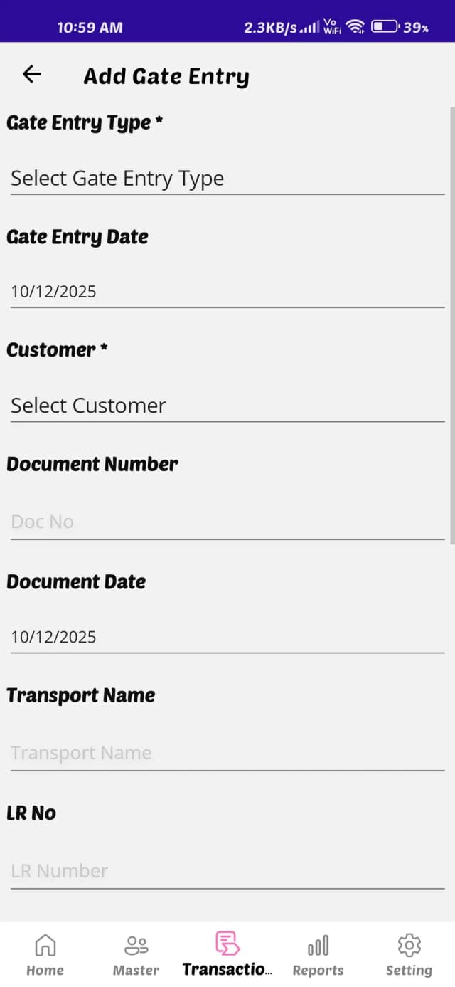 Mobile app add gate entry form showing fields for gate entry type, date, customer name, document number, transport name, and LR number