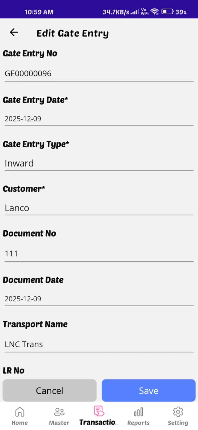 Mobile app edit gate entry screen showing gate entry number, entry date, customer name, document number, transport name, and save button
