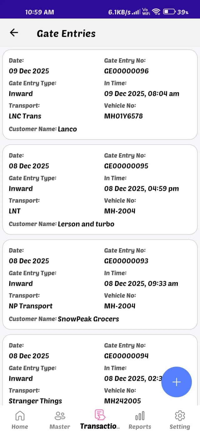Mobile app gate entry list showing inward entries with date, gate entry number, vehicle number, transport name, and customer details