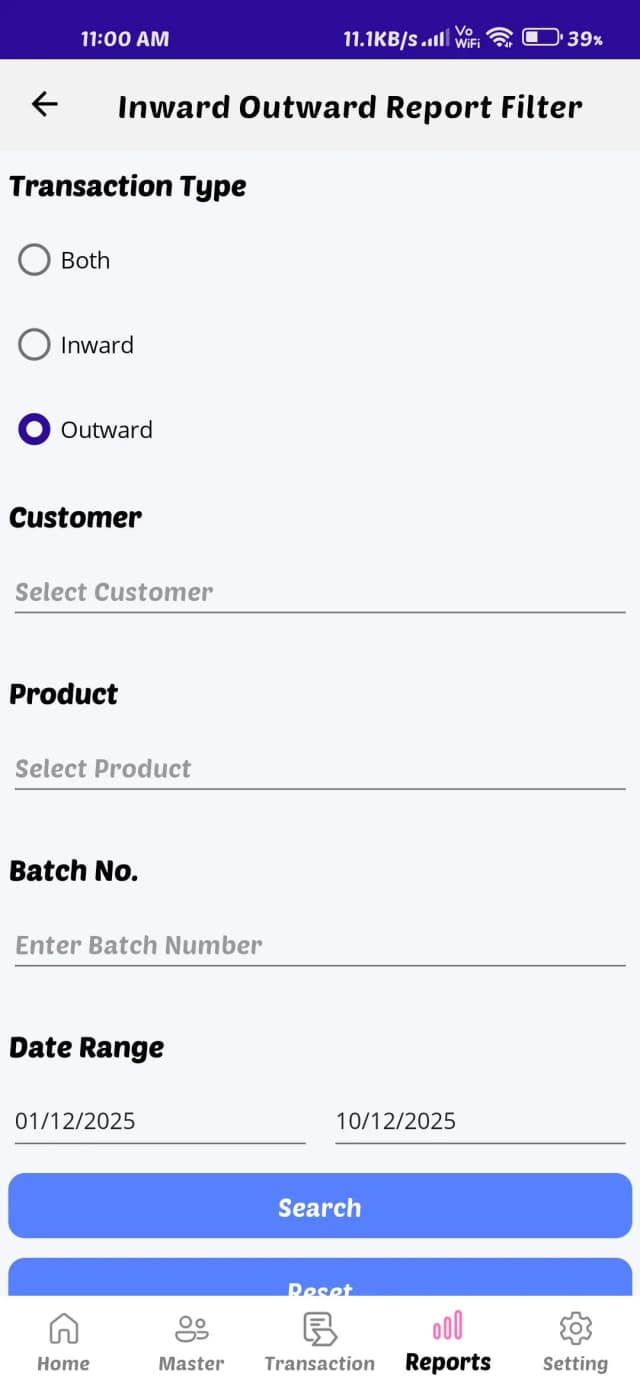 Mobile app report filter screen showing options for inward or outward transaction type with customer, product, batch number, and date range fields