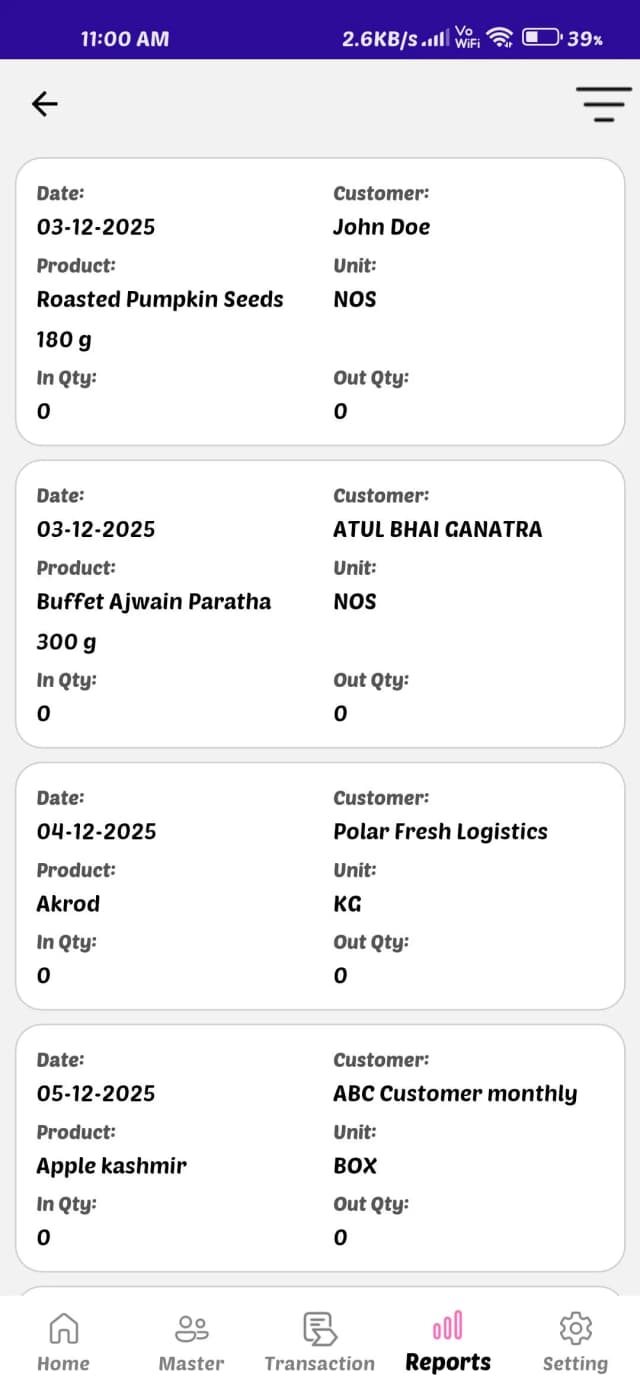 Mobile app product report screen showing item list with date, customer name, product name, unit type, and in quantity and out quantity details