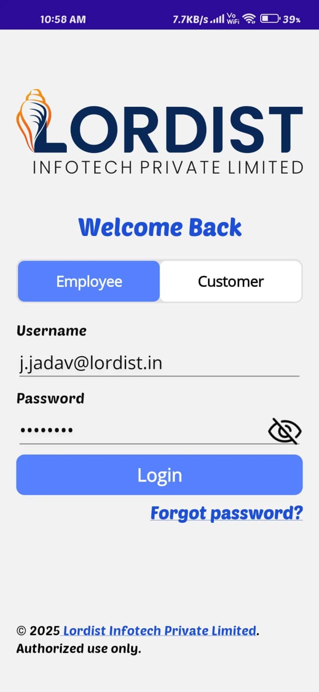 Mobile login screen for warehouse management system showing employee and customer login options with username and password fields