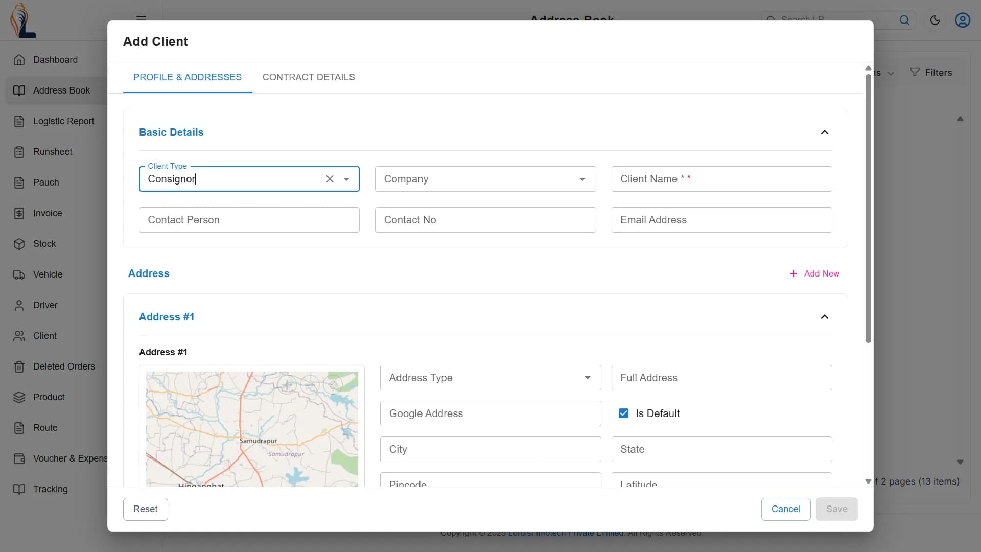 Popup form showing add client details with profile information, contact fields, and address section with map
