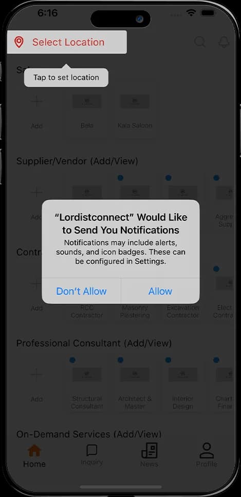 Mobile app screen asking user permission to send notifications with allow and don't allow options