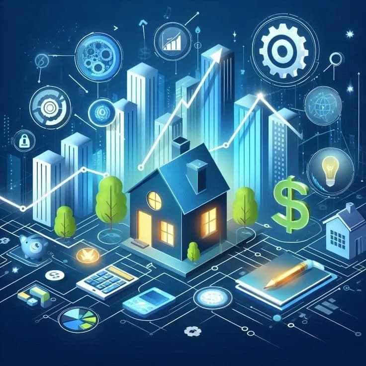 Digital illustration of business analytics dashboard with charts, financial symbols, and smart home concept