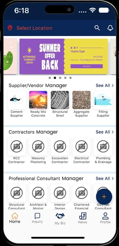Mobile app home screen showing supplier vendor manager, contractors manager, and professional consultant service categories