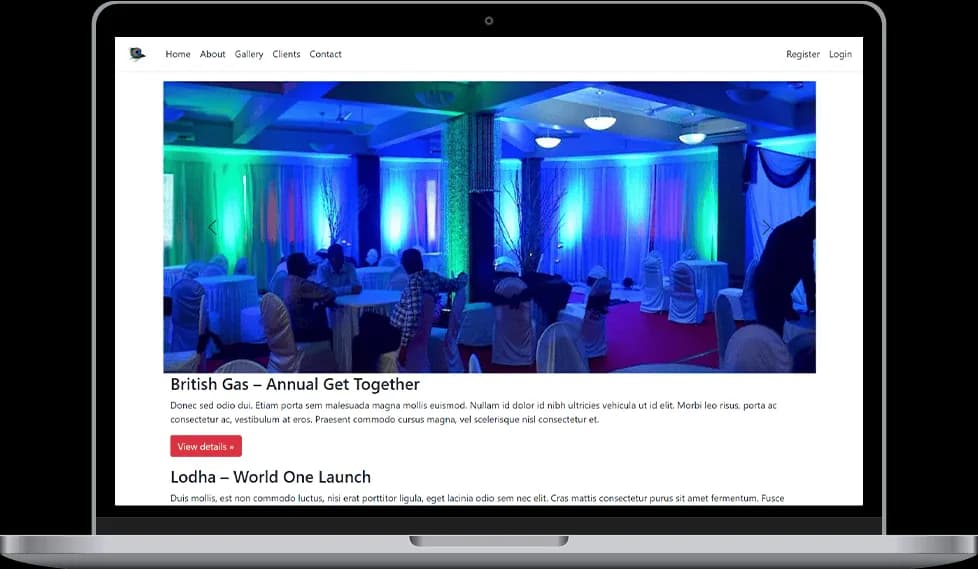 Corporate event venue showing professional lighting, seating arrangements, and detailed event gallery