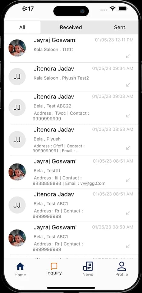 Mobile app inquiry screen displaying customer message list with received and sent requests, contact details, and timestamps