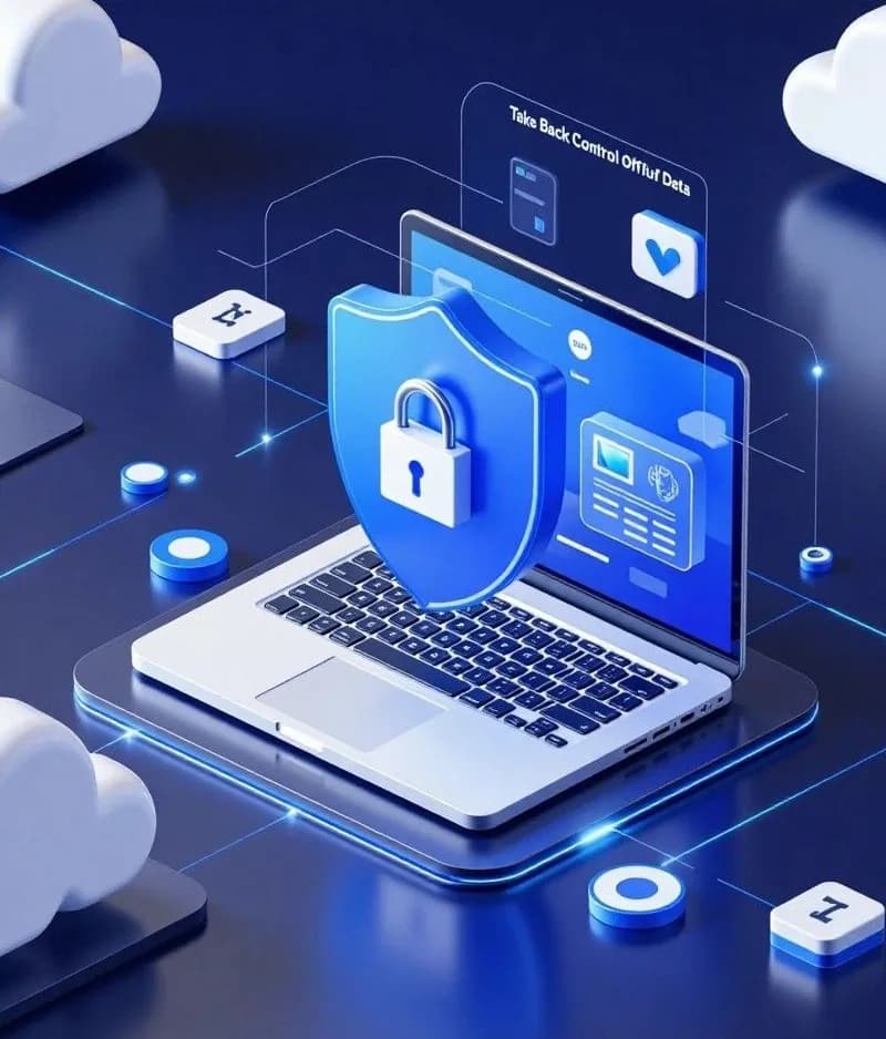 Laptop with digital shield and lock icon representing data security and cyber protection technology