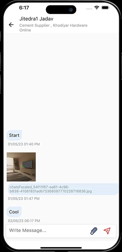 Mobile app chat conversation screen showing message exchange between user and cement supplier with image sharing and message input box