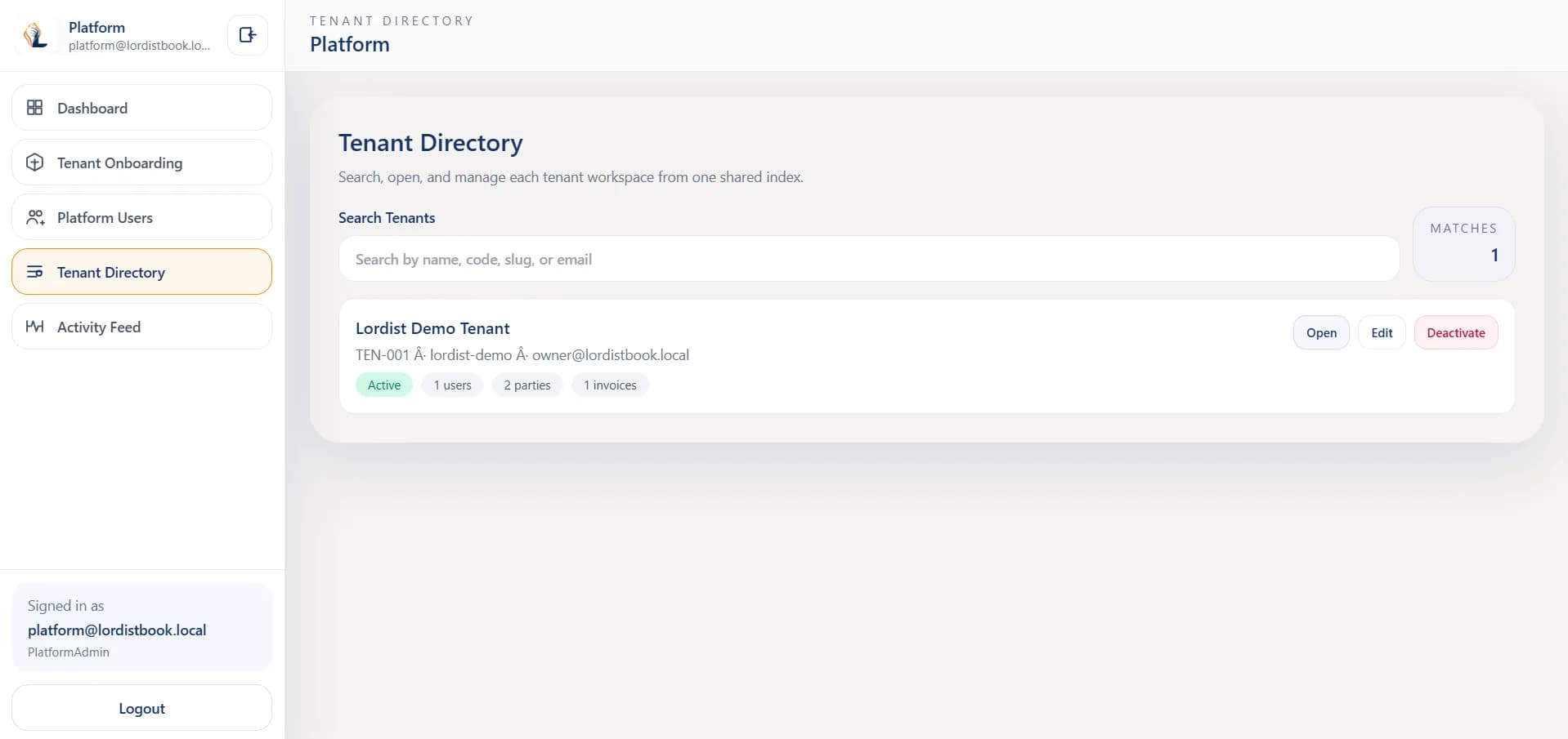 LordistBook business records and billing overview screen with summary cards, tables, and transaction details