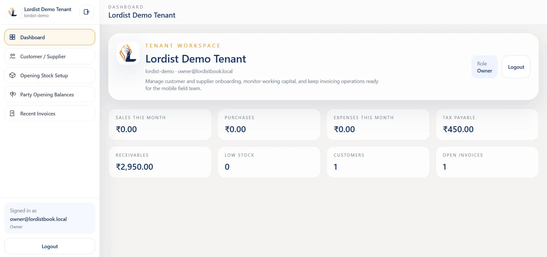 LordistBook purchase and billing dashboard screen with order totals, transaction details, and business summary panels