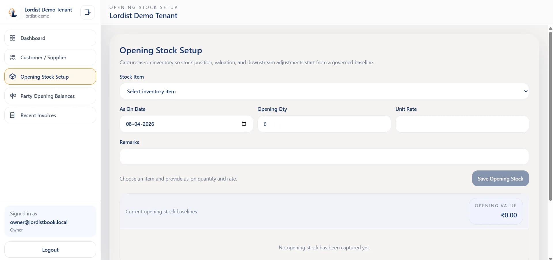 LordistBook ledger and accounts screen with party balances, transaction history, and statement tracking