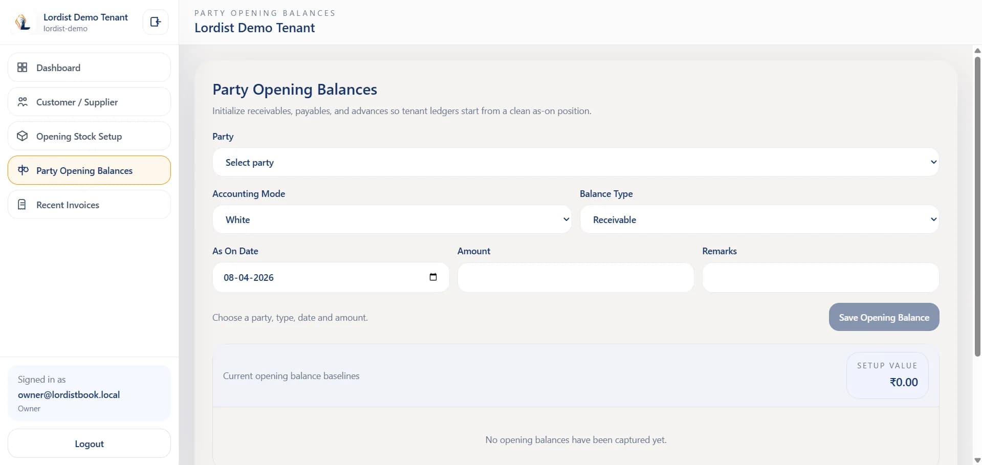 LordistBook customer management screen listing customer records, contact information, and account details