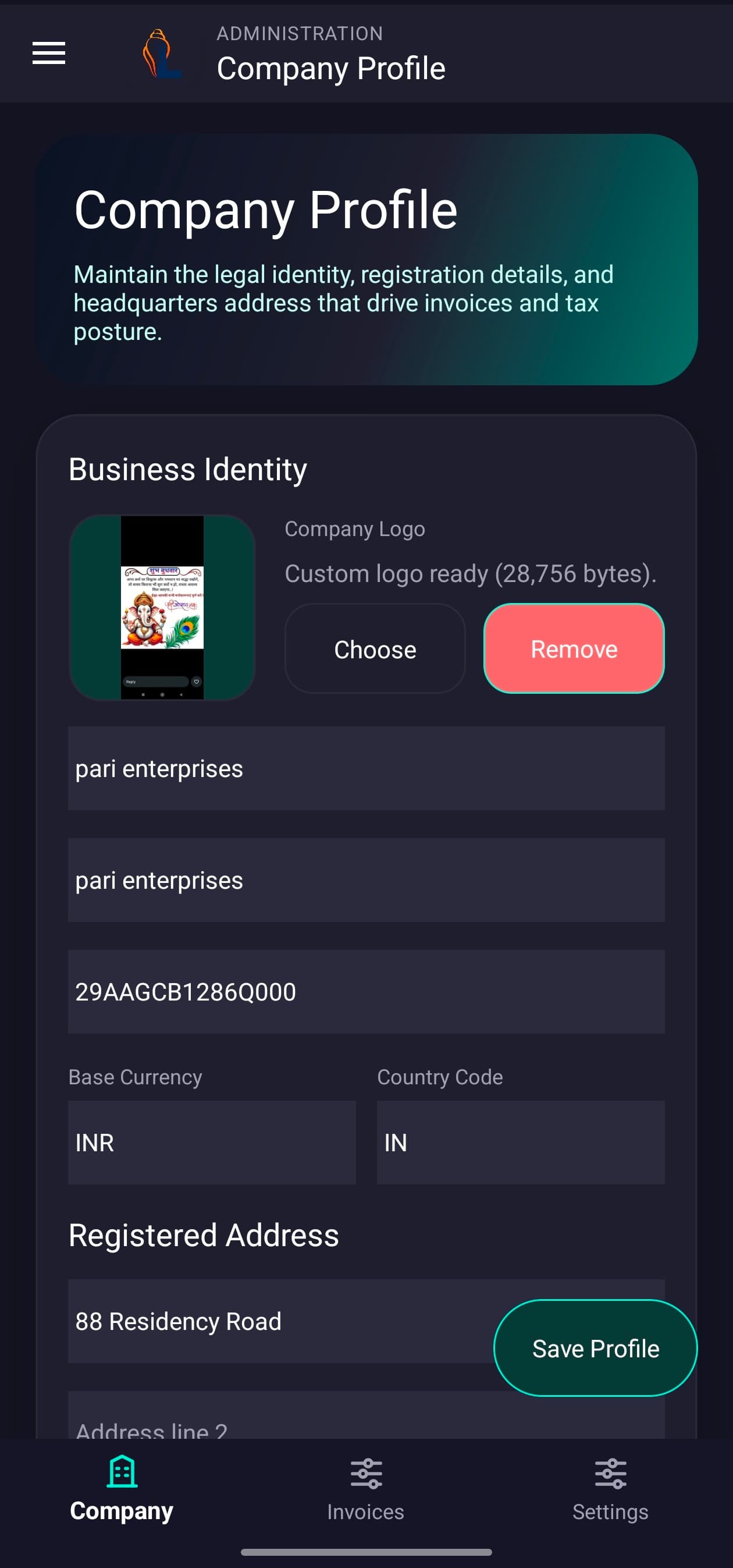 LordistBook mobile company profile screen with business details, company information, and account settings