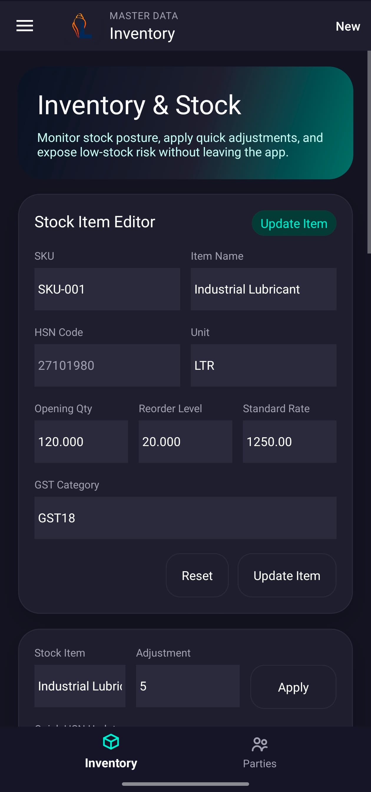 LordistBook mobile inventory and stock management screen with item quantities, stock tracking, and inventory details