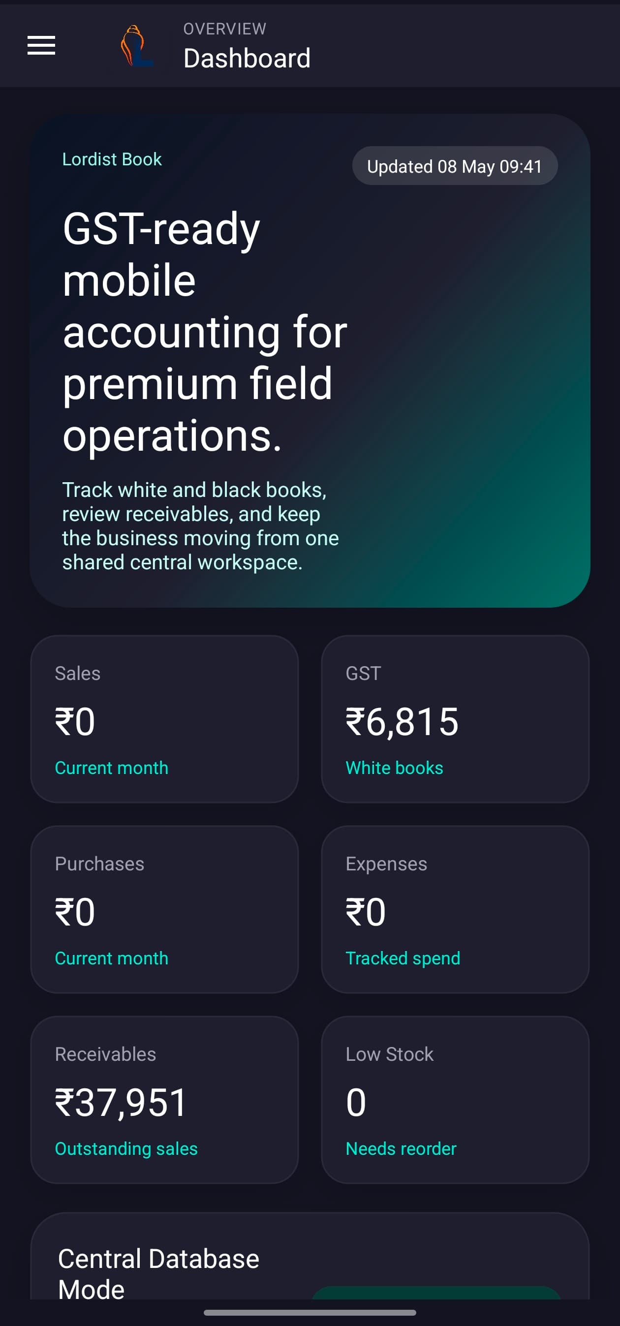 LordistBook mobile dashboard screen with business summary cards, quick actions, and financial overview