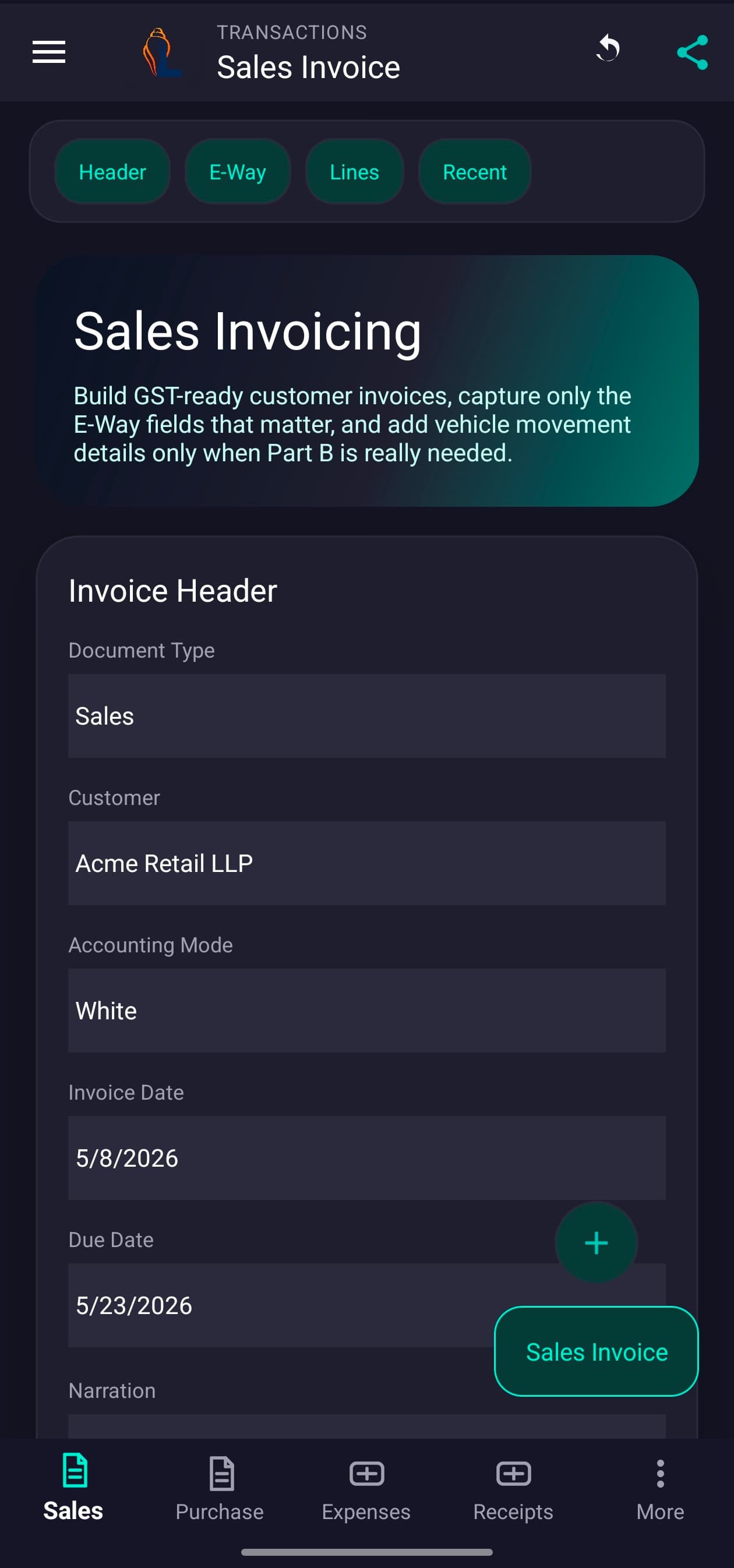 LordistBook mobile sales invoice screen with billing details, customer selection, and product entry fields