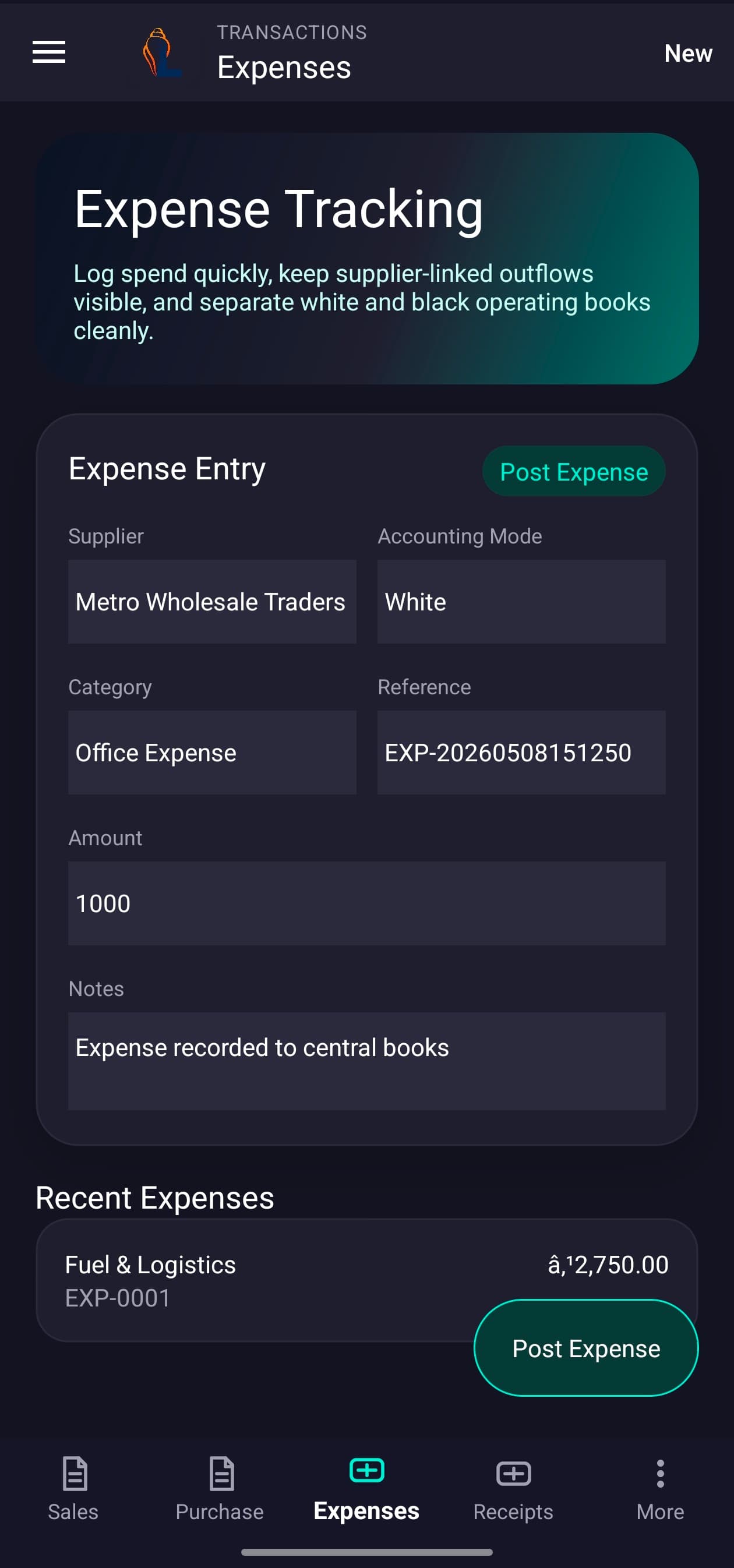 LordistBook mobile expense tracking screen showing expense categories, transaction records, and spending details